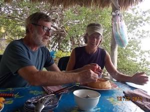 Lighting the birthday flan.