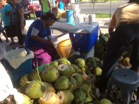 Coconuts in season. Open with a machete.
