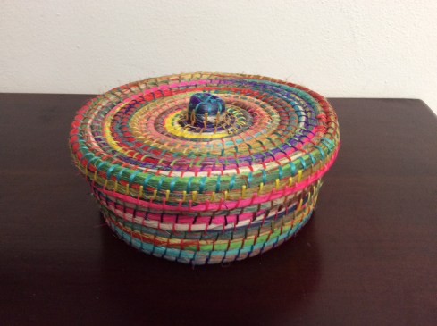 I bought this tortilla basket fro e nuns in the church gift shop.  The colors were amazing. I couldn't pass it up.